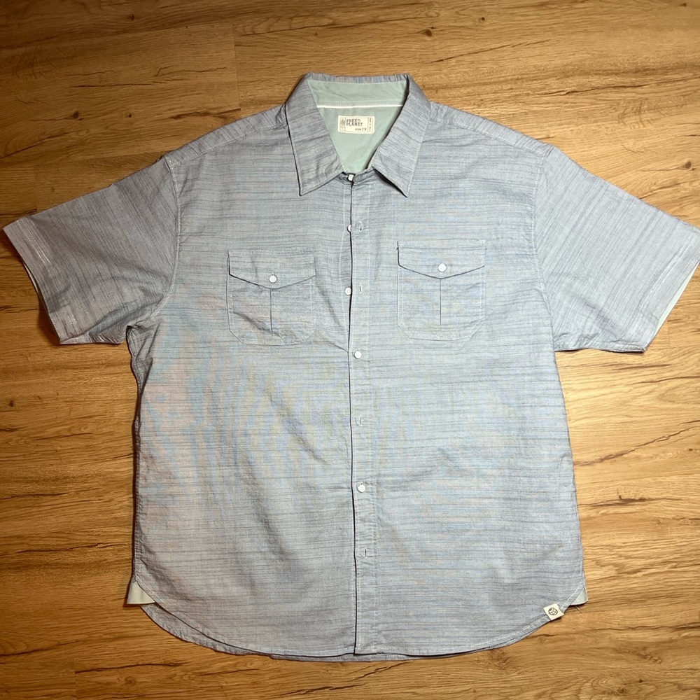 Free Planet 2X Blue Chambray Short Sleeve Button Up Shirt Mint Collar